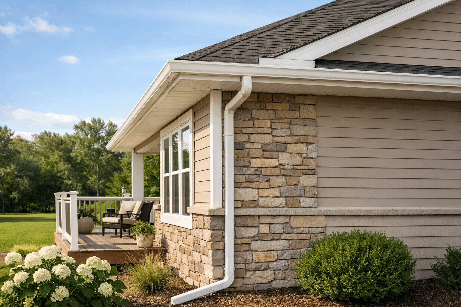 House corner with stone veneer, beige siding, white windows and small porch