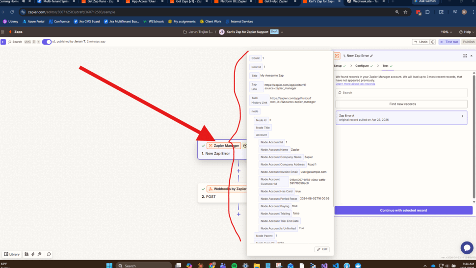 Screenshot of Zapier editor with a red arrow pointing to a Zapier Manager node and a details panel.