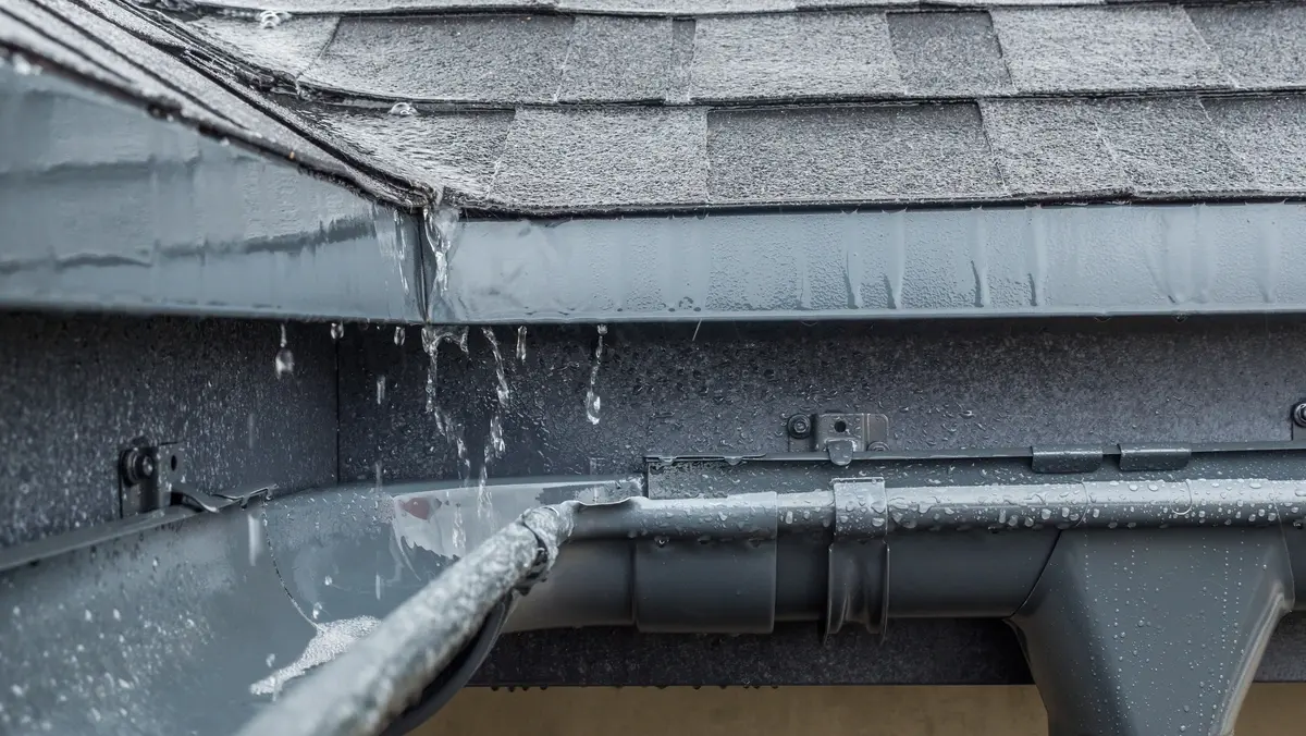 Close up view of roof in the rain in need of roof leak repair