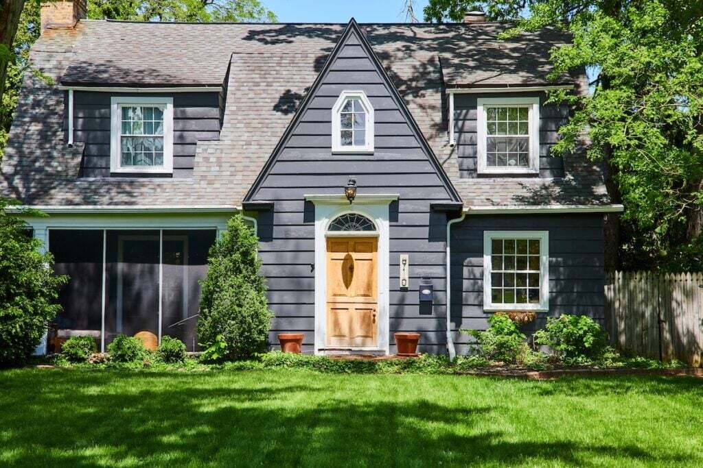 Charming suburban home with gray siding