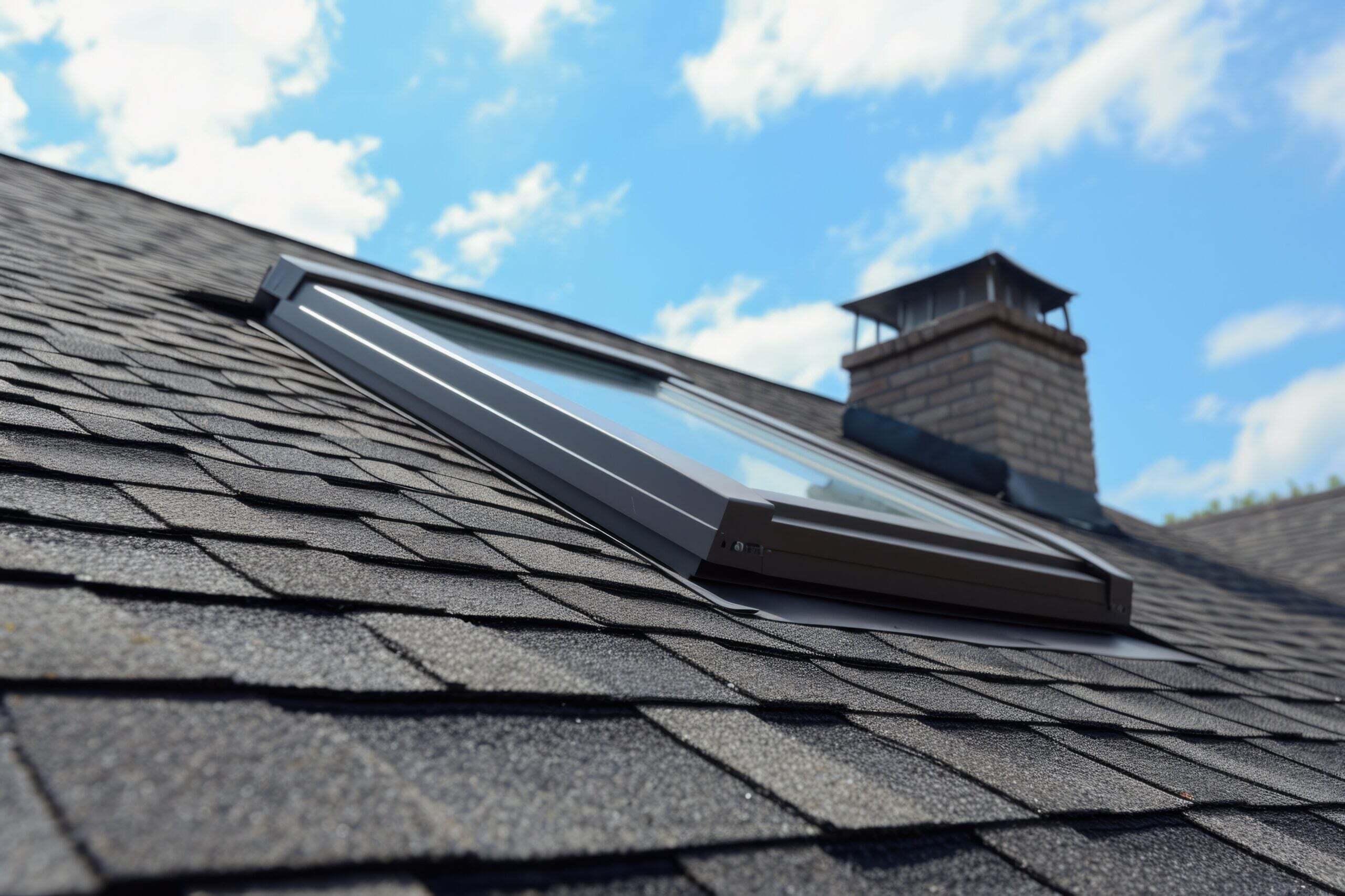 New roof with skylight, asphalt roofing (shingles) and chimney. Roof with mansard windows 