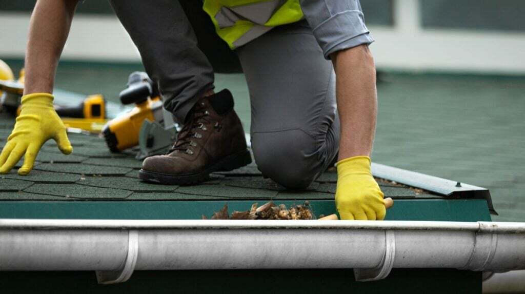 when should homeowners schedule a roof inspection in la crescent mn worker using gloves to check gutter