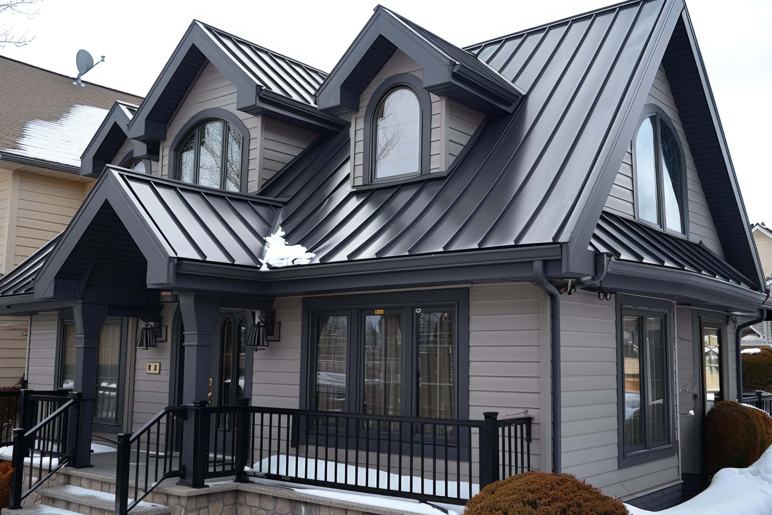 modern home with black metal roof and gray siding