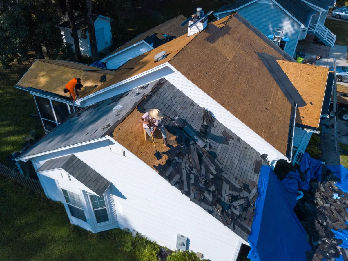 crew working on full roof replacement