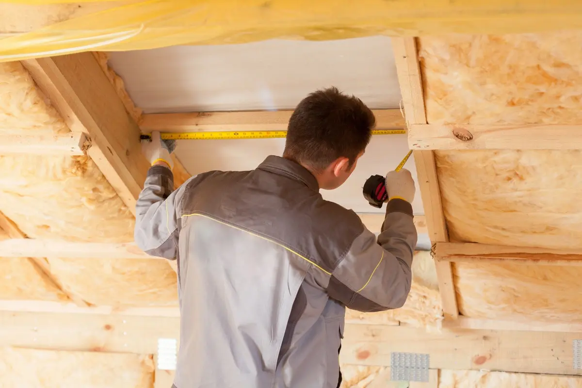 Roofing inspection measures under roof before cutting for skylight