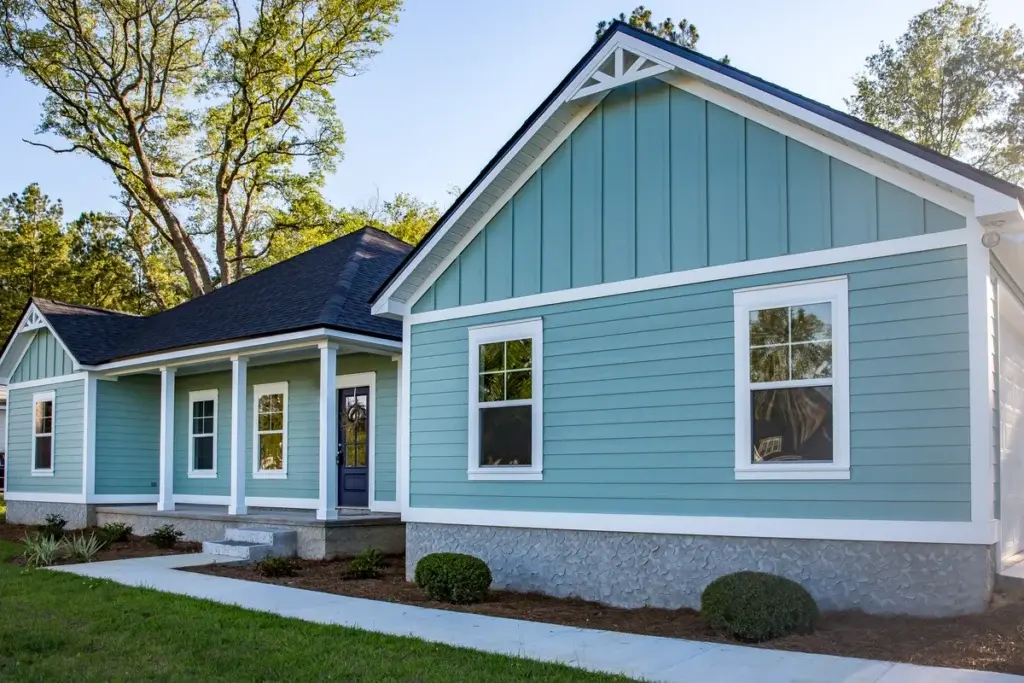 painted blue vinyl siding home