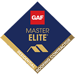 GAF Master Elite diamond badge with gold roofing icon on blue background