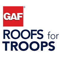 GAF Roofs for Troops logo with red square and stacked text
