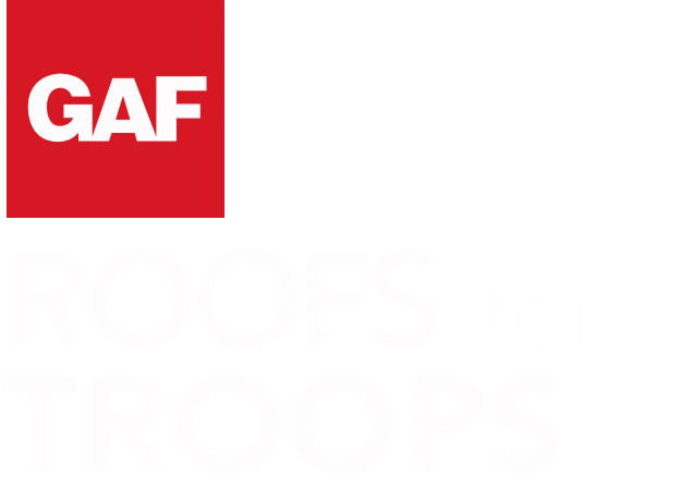 Red GAF square logo with faint 'Roofs for Troops' text on white background