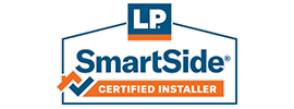 LP SmartSide certified installer shield logo in blue and orange