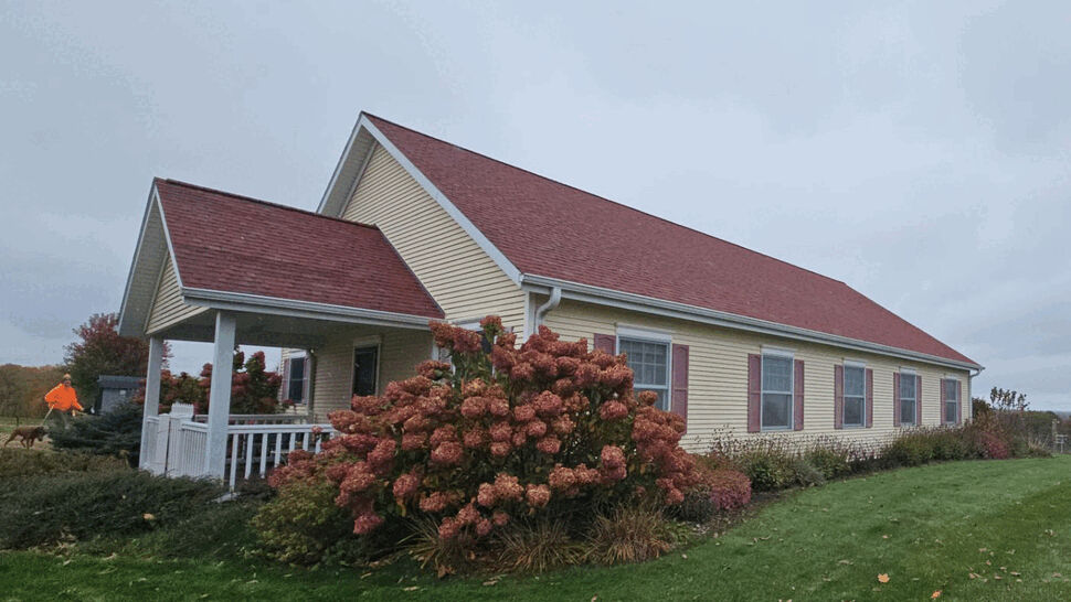 Front porch with large hydrangea bush and red roof on a yellow house