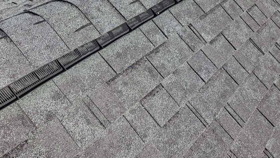 Close-up of a ridge exhaust vent installed over gray asphalt shingles