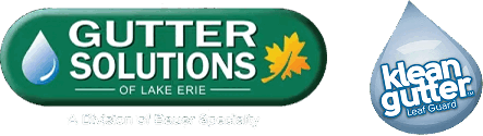 Logos for Gutter Solutions of Lake Erie and Klean Gutter leaf guard showing water droplet and leaf
