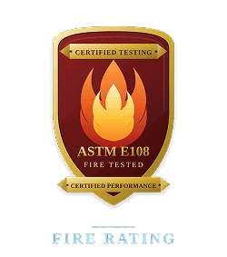 ASTM E108 fire-tested badge with flame icon