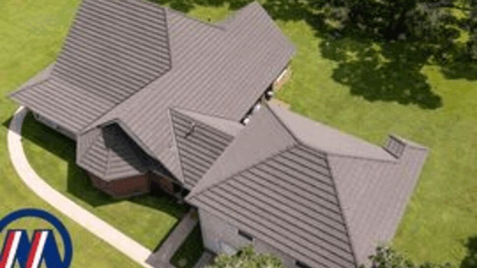 Aerial residence with metal roof | US Metal Roofing Consortium Aerial view of a house with standing-seam metal roof and surrounding lawn.
