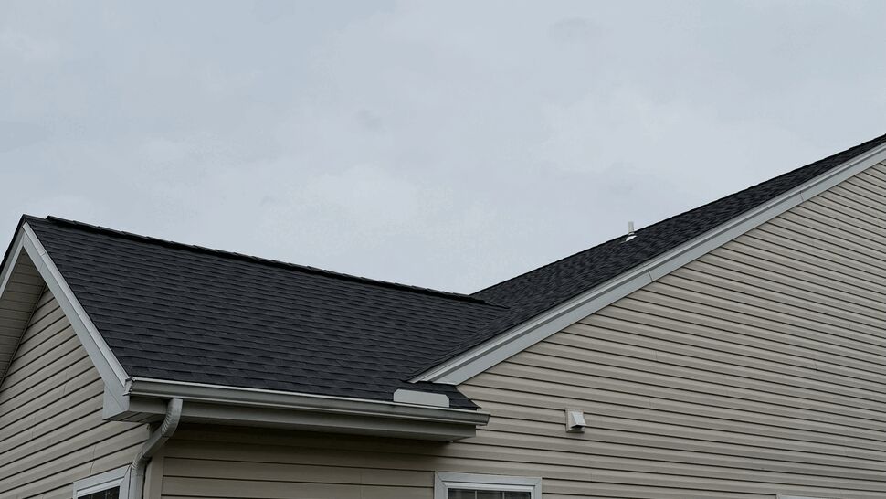 Side view of house showing vinyl siding, windows, and a newly shingled roof.