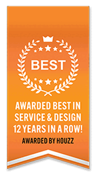 Orange ribbon award badge reading 'Best: Awarded Best in Service & Design 12 years in a row'.