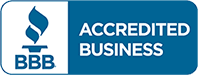Blue and white BBB Accredited Business rectangular badge
