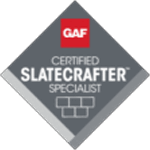 GAF Certified Slatecrafter Specialist grey diamond badge with brick icon.