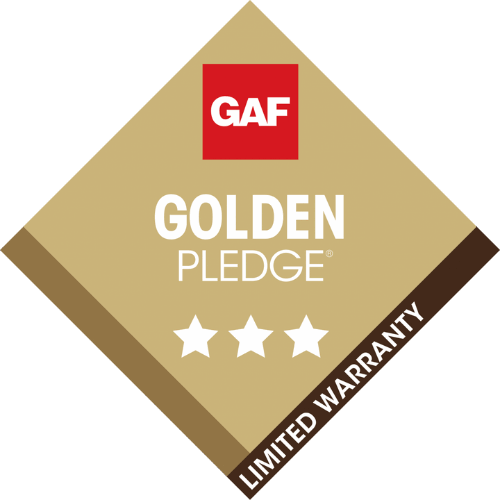 GAF Golden Pledge limited warranty gold diamond badge with three stars.