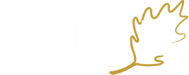Gold leaf logo with stylized text on dark background