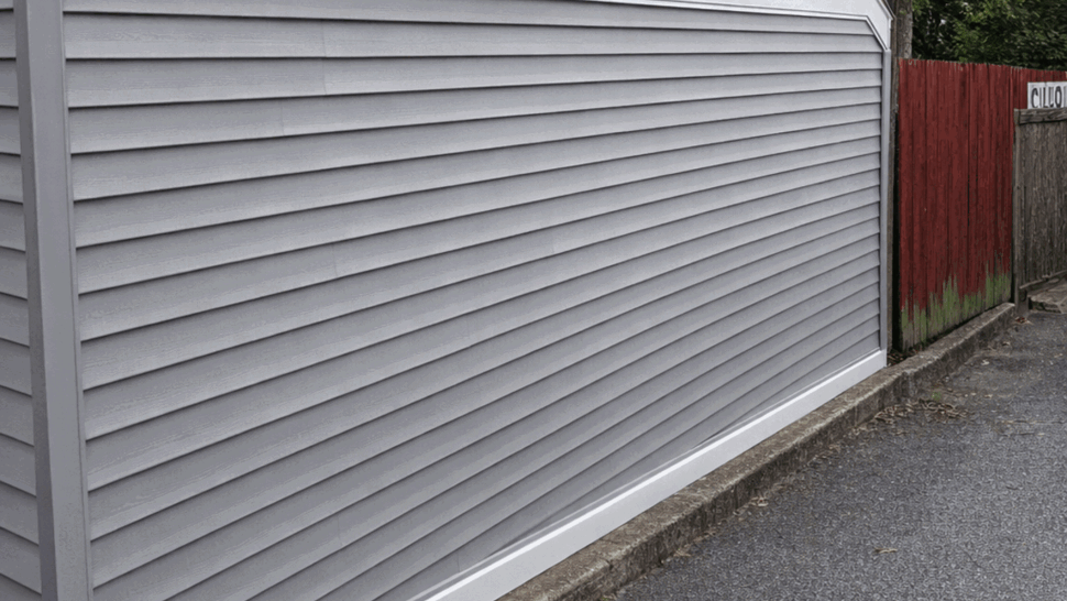 New Gray Siding Installation | Tycos Roofing And Siding Inc Long gray vinyl siding wall along driveway with neat trim