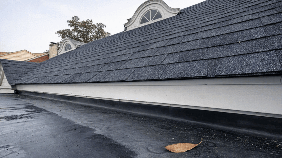 Low-angle view of shingle roof edge with installed flashing above a flat roof membrane.