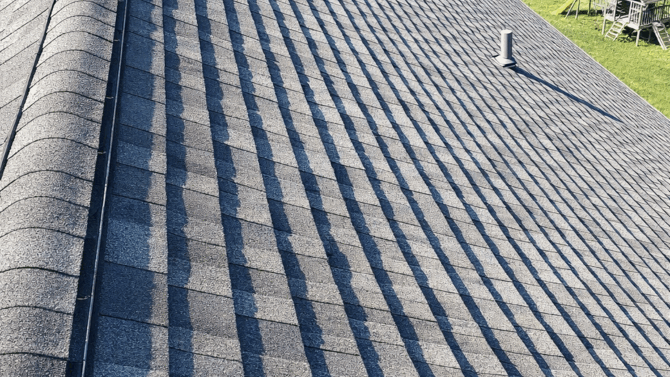 Long sloped asphalt shingle roof with ridge and vent pipes overlooking trees
