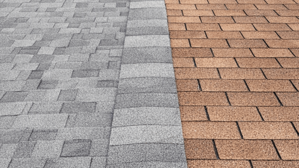 Roof valley shingle transition | Tycos Roofing And Siding Inc Roof valley where gray shingles meet brown shingles near a vent
