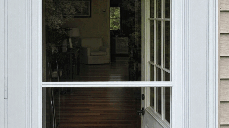 Close-up of white storm door with glass panel and black handle