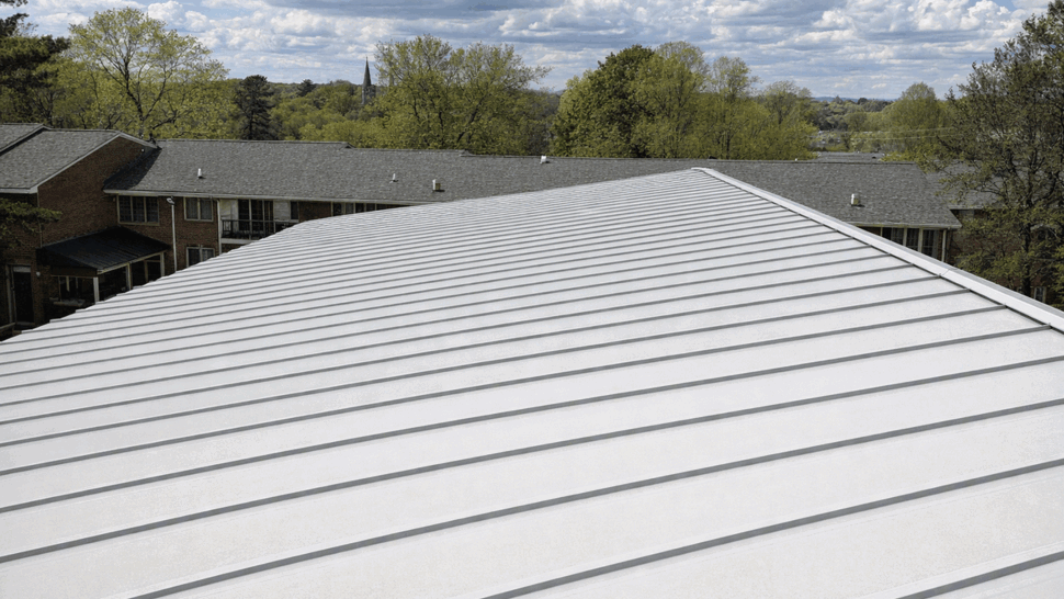 Standing Seam Metal Roof Installation | Tycos Roofing And Siding Inc Wide aerial view of a newly installed standing-seam metal roof.