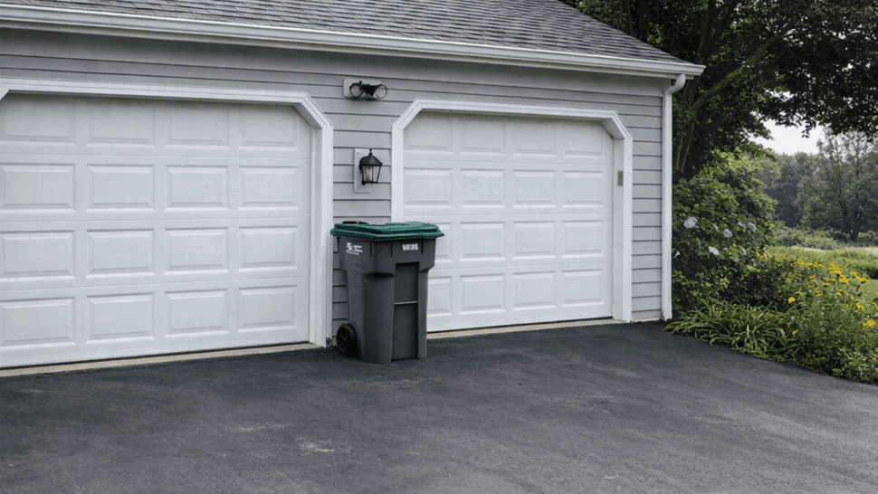 Two-car garage with white doors beneath an asphalt shingle roof and driveway.