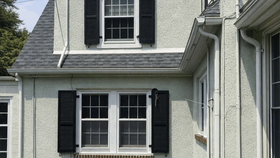 Side elevation showing gutters, downspouts and black-shuttered windows.