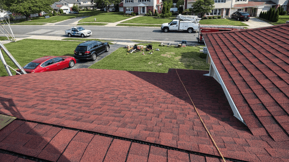 View from roof showing gutter, downspout and neighborhood street below.