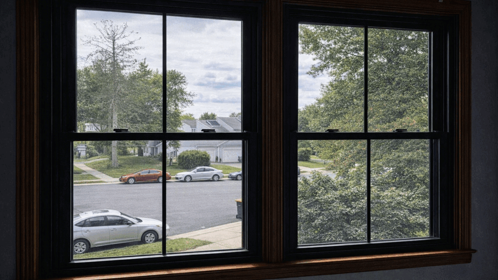 Interior Double Window View | Tycos Roofing And Siding Inc Two black-framed double-hung windows overlooking a residential neighborhood.