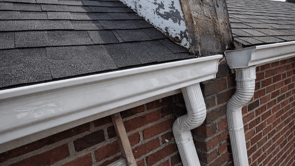 White gutter and downspouts at a roof junction with peeling paint