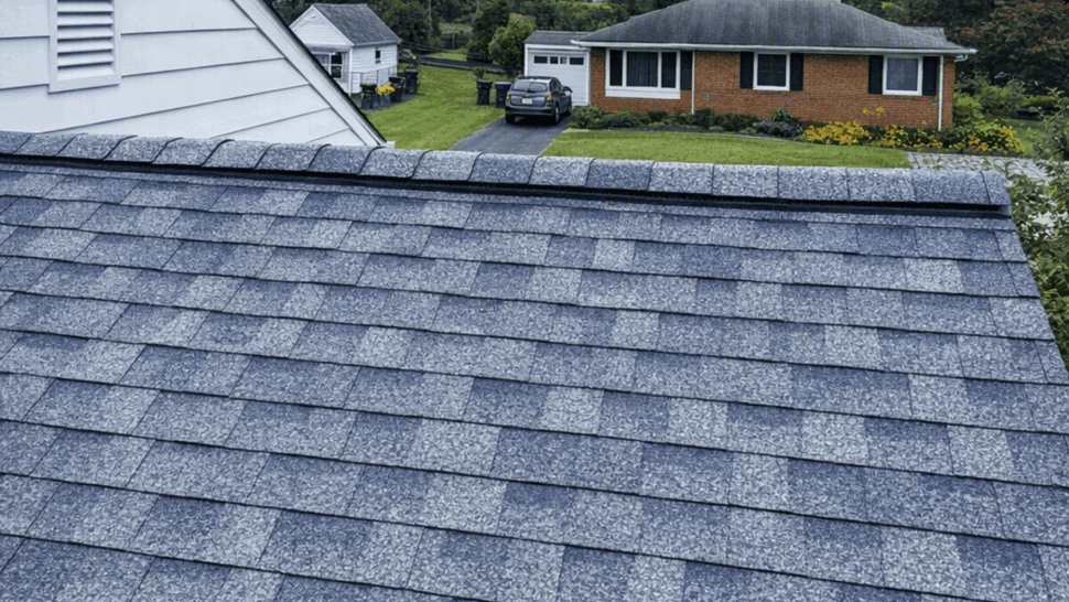 View across shingled roof ridge toward neighboring homes and trees.