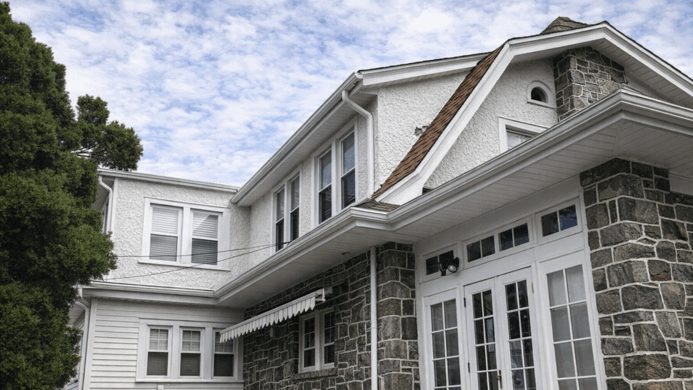 Close-up of roof eave and white gutter above stone exterior