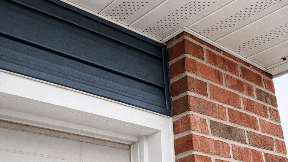 Vented Soffit Detail | Tycos Roofing And Siding Inc Close-up of white vented soffit above blue siding and a white door.