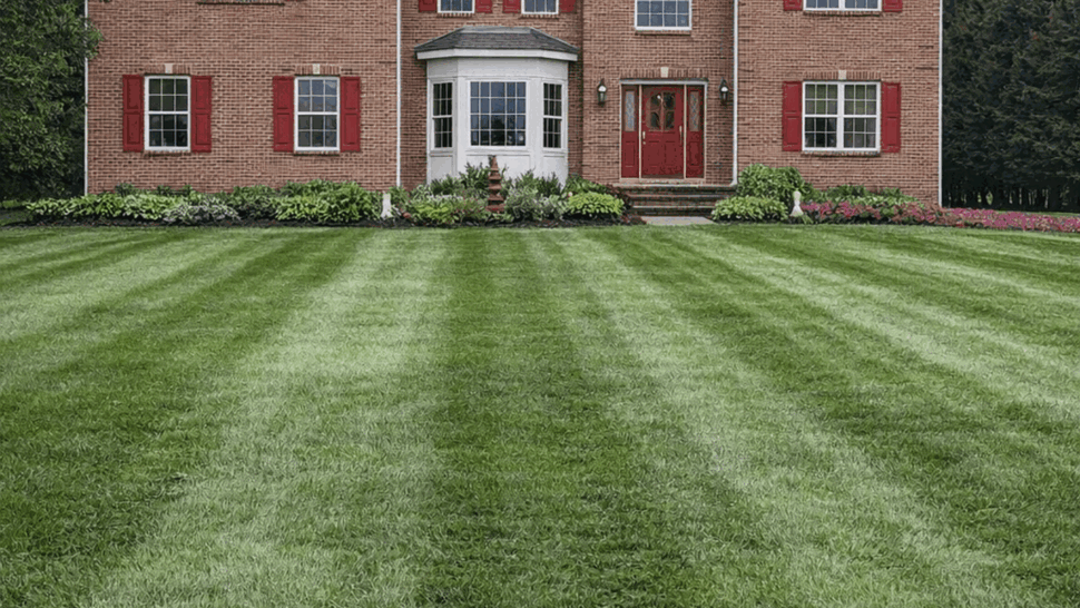 Brick colonial with visible roof | Tycos Roofing And Siding Inc Two-story brick house with red shutters and wide green lawn