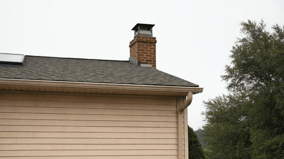Side view of roofline, chimney and gutter above vinyl siding.