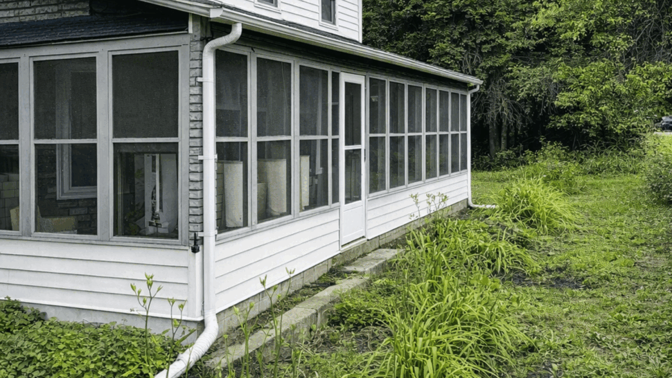 Enclosed Porch Four Season Room | Tycos Roofing And Siding Inc Long screened-in porch with white gutters and garden beds beside it.