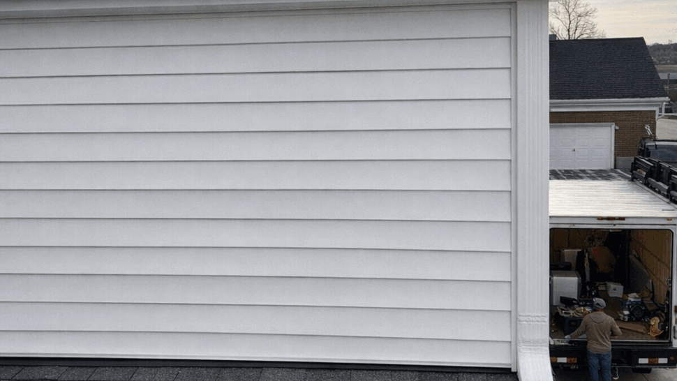 White siding wall with chimney and a downspout over an asphalt roof
