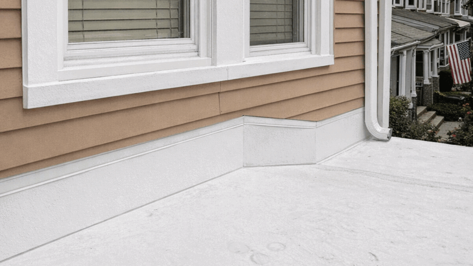 Flat Roof Flashing and Membrane | Tycos Roofing And Siding Inc White flat roof membrane with flashing against beige siding and a downspout