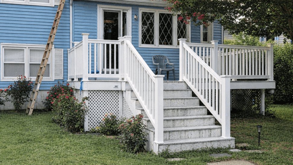 Blue house with white front deck, stairs, and ladder under a flowering tree