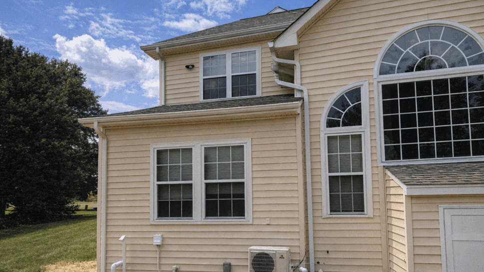 Rear arched windows and siding | Tycos Roofing And Siding Inc Rear elevation with arched windows and beige vinyl siding