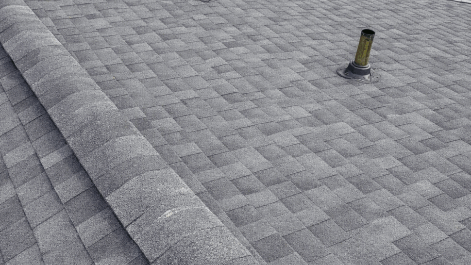 Shingle roof surface with two plumbing vents and visible ridge line