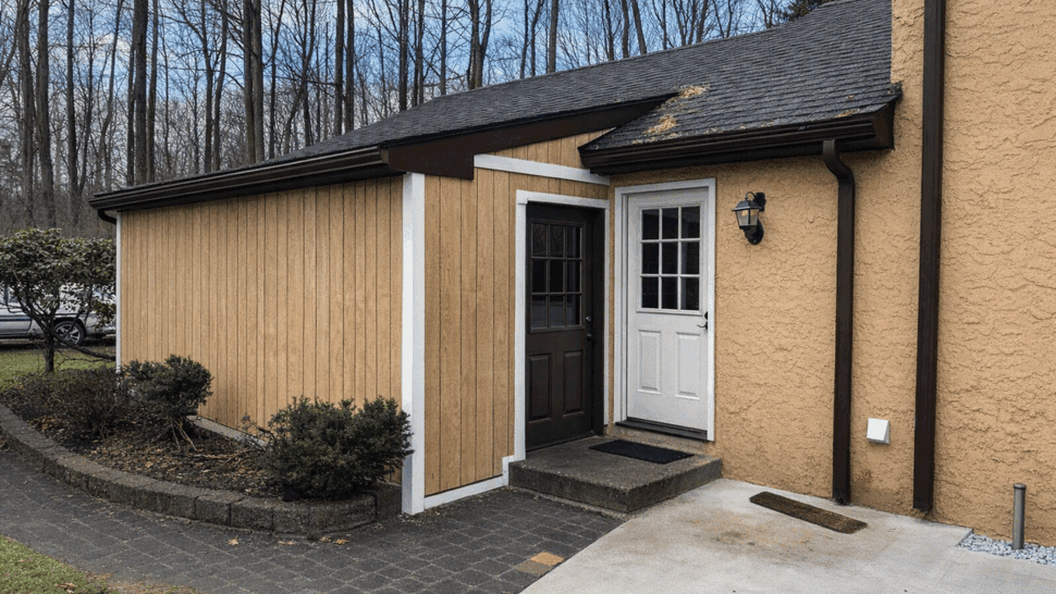 Side entry showing white door, dark trim and vertical wood siding panels.