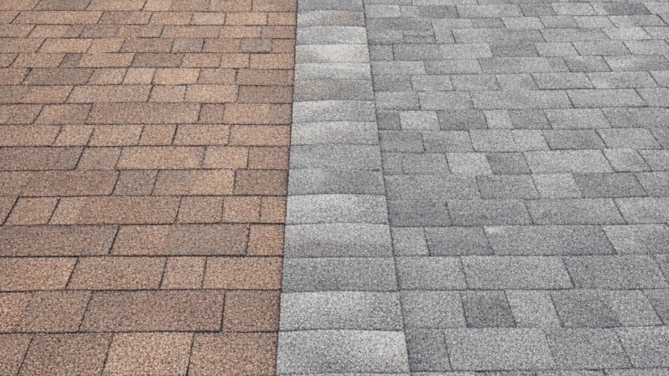 Two-tone shingle replacement | Tycos Roofing And Siding Inc Side-by-side comparison of brown and gray roof shingles separated by a ridge