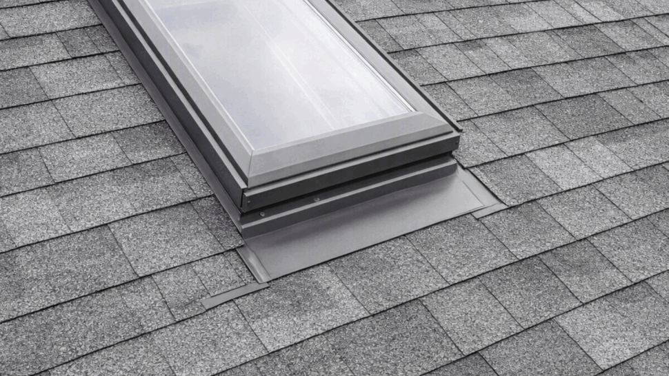 Single skylight roof detail | Tycos Roofing And Siding Inc Single rectangular skylight with flashing on gray asphalt shingles.